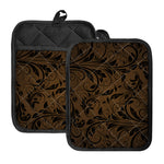 Dark Brown Western Damask Print Pot Holders With Pocket