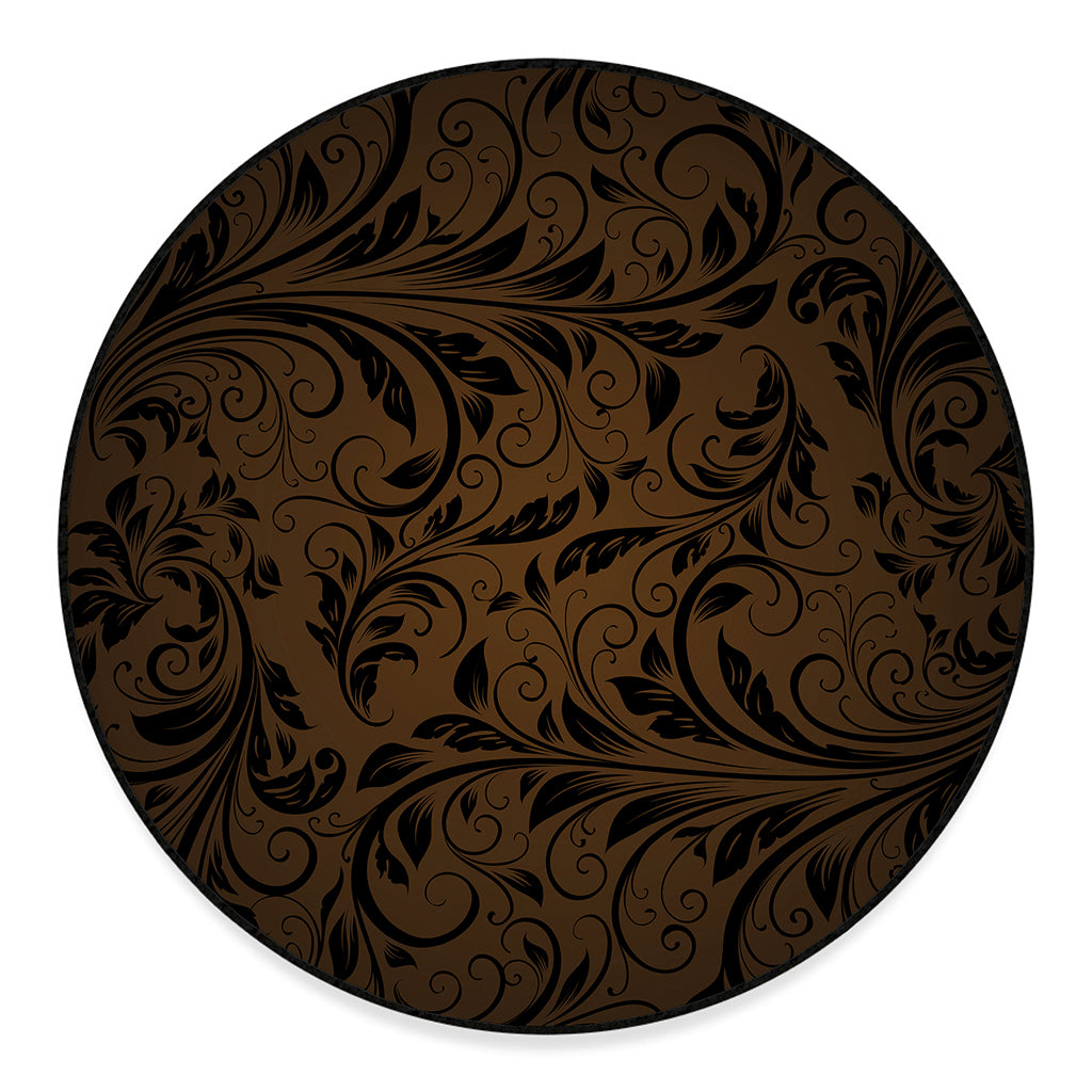 Dark Brown Western Damask Print Round Floor Mat