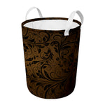 Dark Brown Western Damask Print Round Laundry Basket