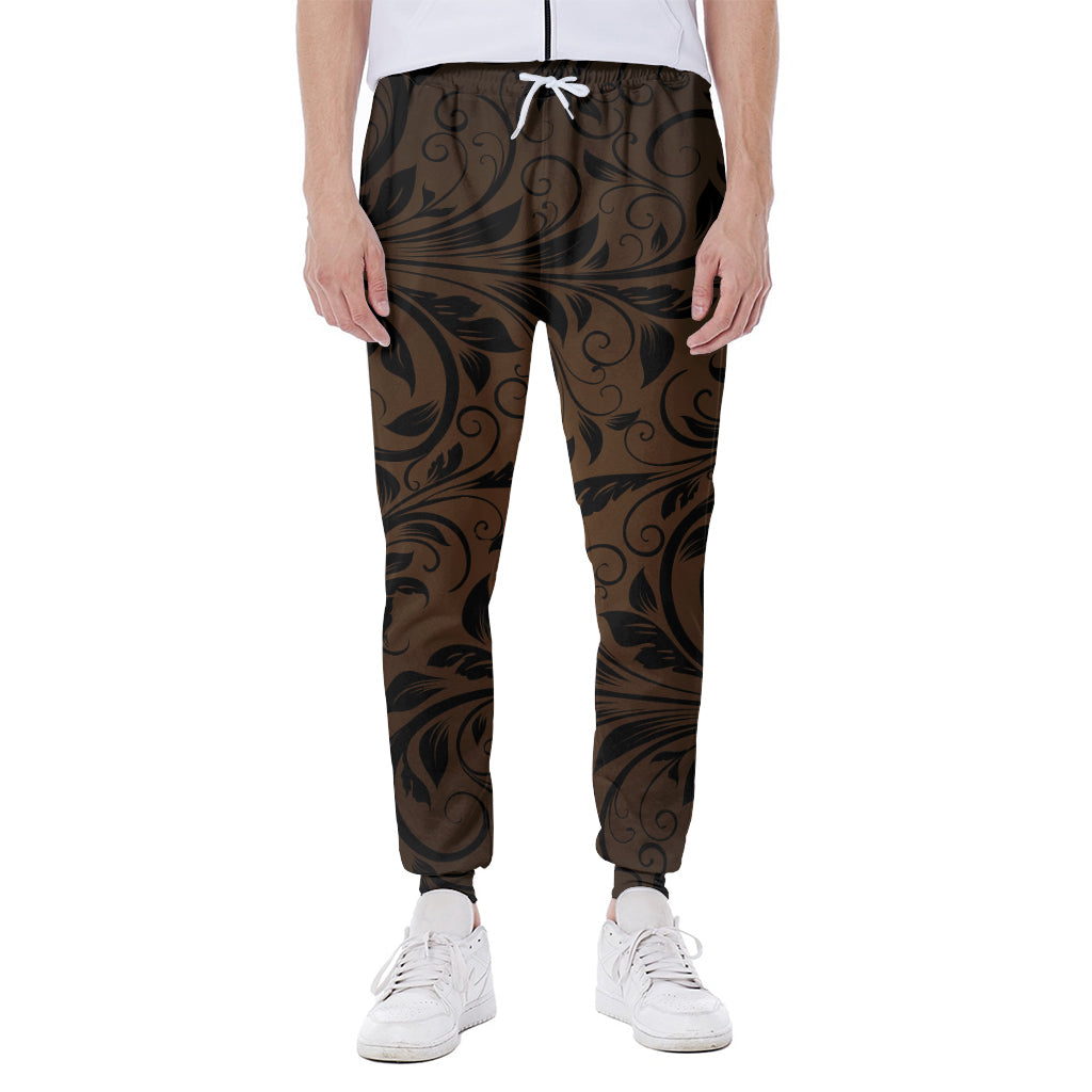 Dark Brown Western Damask Print Scuba Joggers