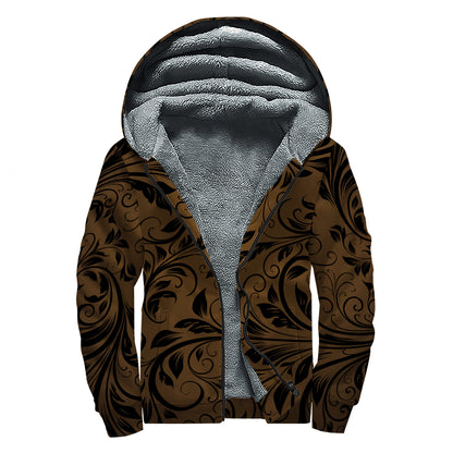 Dark Brown Western Damask Print Sherpa Lined Zip Up Hoodie