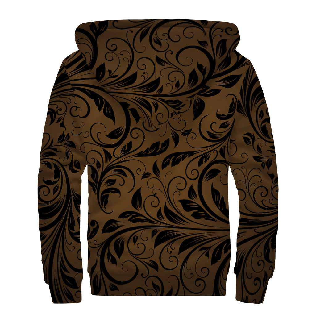 Dark Brown Western Damask Print Sherpa Lined Zip Up Hoodie