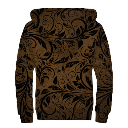 Dark Brown Western Damask Print Sherpa Lined Zip Up Hoodie
