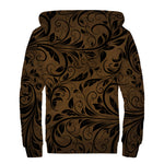 Dark Brown Western Damask Print Sherpa Lined Zip Up Hoodie