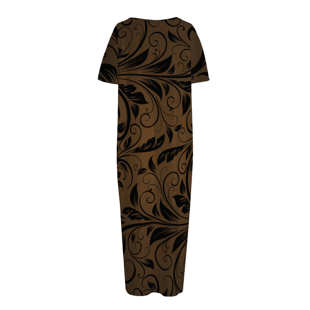 Dark Brown Western Damask Print Short Sleeve Long Nightdress