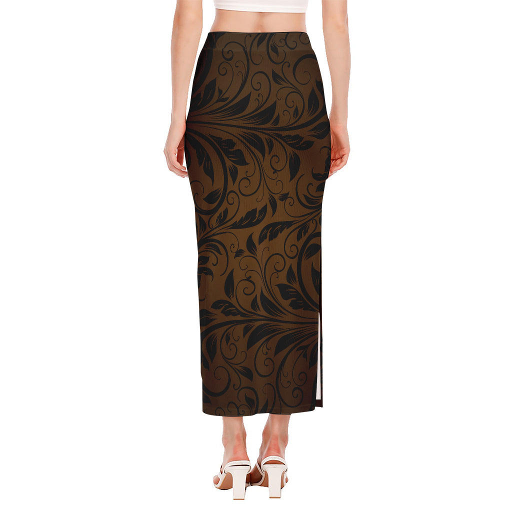 Dark Brown Western Damask Print Side Slit Maxi Skirt