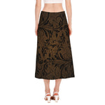 Dark Brown Western Damask Print Side Slit Midi Skirt