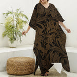 Dark Brown Western Damask Print Silk V-Neck Kaftan Dress