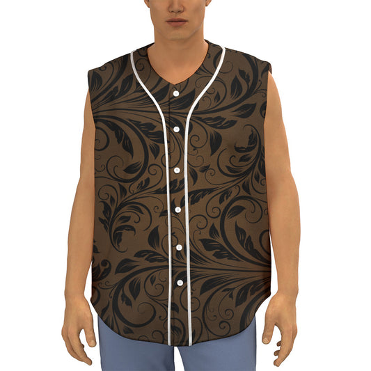 Dark Brown Western Damask Print Sleeveless Baseball Jersey