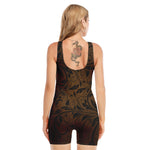 Dark Brown Western Damask Print Sleeveless One Piece Swimsuit