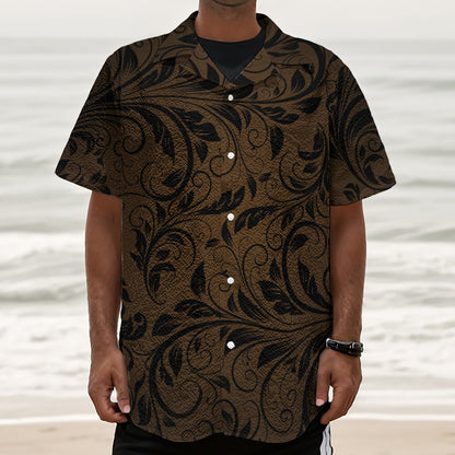 Dark Brown Western Damask Print Textured Short Sleeve Shirt
