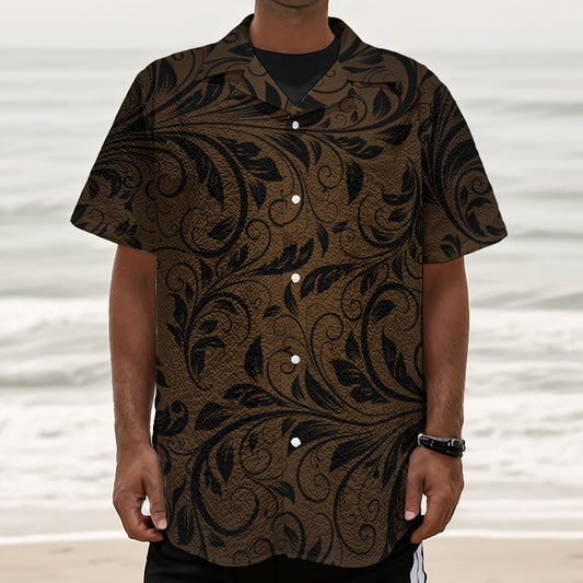 Dark Brown Western Damask Print Textured Short Sleeve Shirt