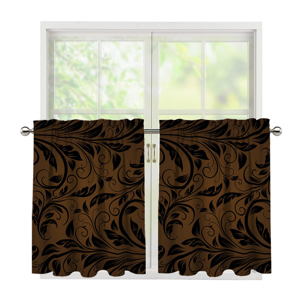 Dark Brown Western Damask Print Tier Curtains