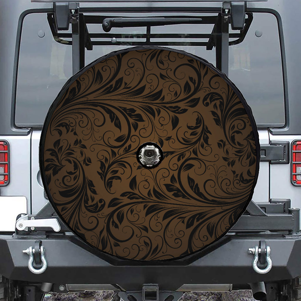 Dark Brown Western Damask Print Tire Cover With Camera Hole