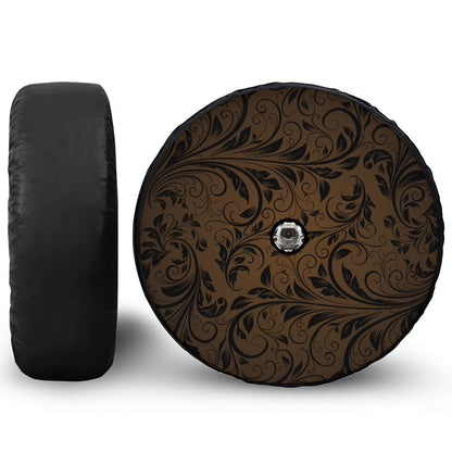 Dark Brown Western Damask Print Tire Cover With Camera Hole