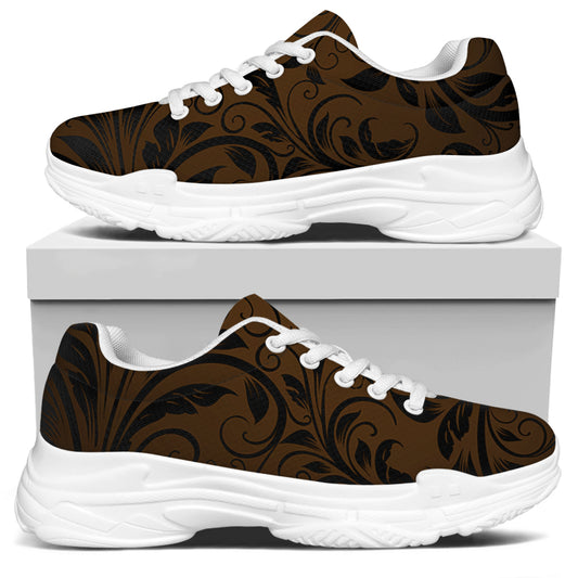 Dark Brown Western Damask Print White Chunky Shoes