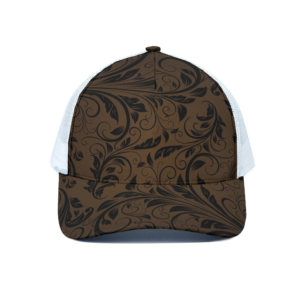 Dark Brown Western Damask Print White Mesh Trucker Cap