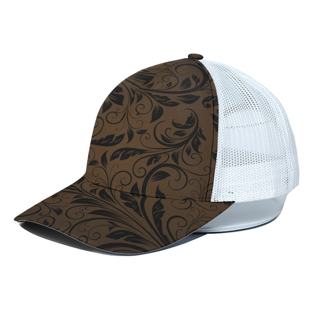 Dark Brown Western Damask Print White Mesh Trucker Cap