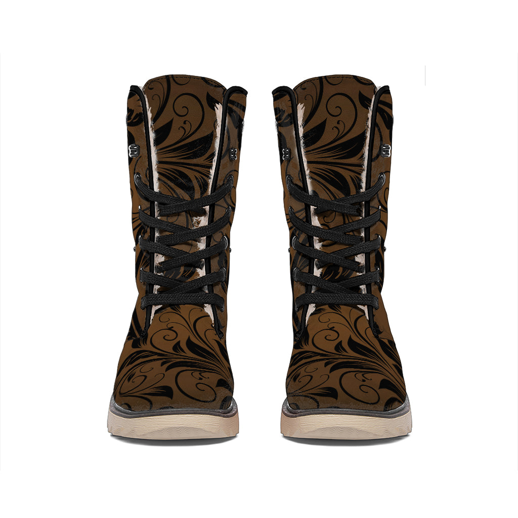 Dark Brown Western Damask Print Winter Boots