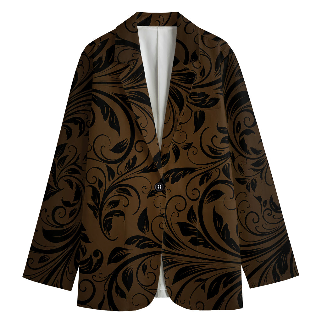 Dark Brown Western Damask Print Women's Cotton Blazer