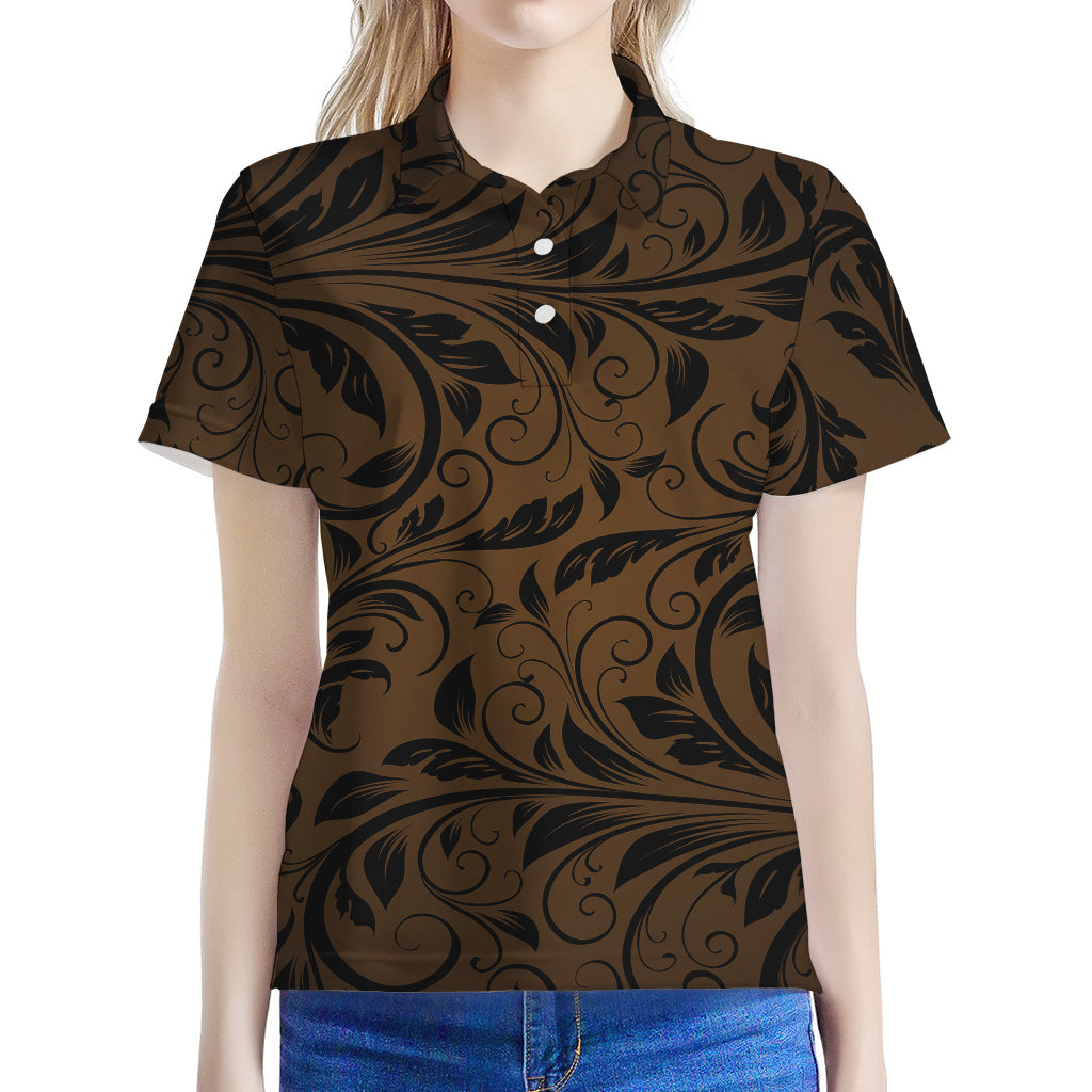 Dark Brown Western Damask Print Women's Polo Shirt