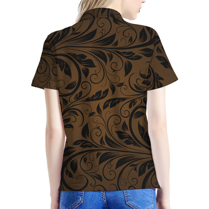 Dark Brown Western Damask Print Women's Polo Shirt