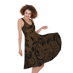 Dark Brown Western Damask Print Women's Sleeveless Dress