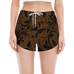 Dark Brown Western Damask Print Women's Split Running Shorts