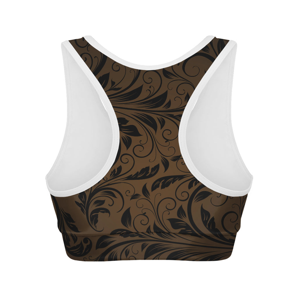 Dark Brown Western Damask Print Women's Sports Bra