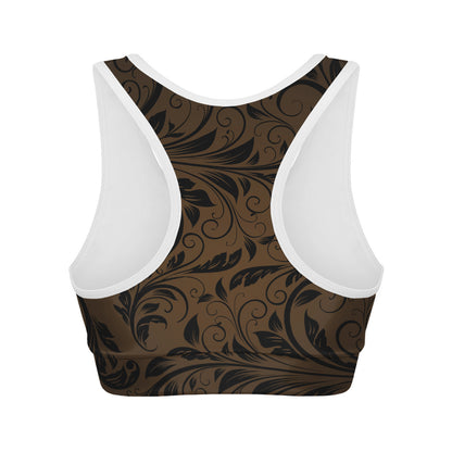 Dark Brown Western Damask Print Women's Sports Bra