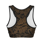 Dark Brown Western Damask Print Women's Sports Bra