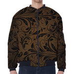 Dark Brown Western Damask Print Zip Sleeve Bomber Jacket