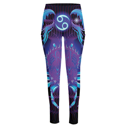Dark Cancer Zodiac Sign Print High-Waisted Pocket Leggings