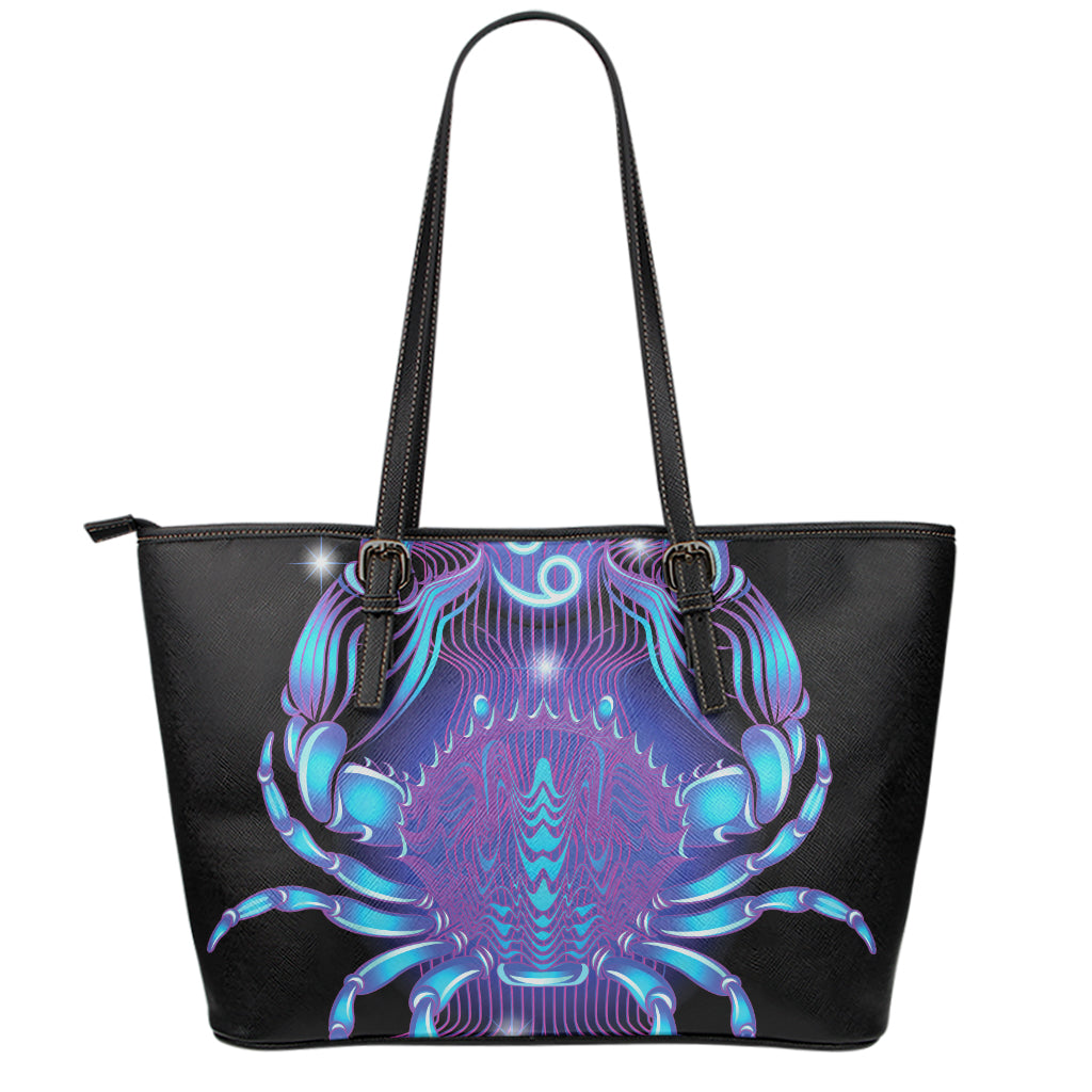 Dark Cancer Zodiac Sign Print Leather Tote Bag