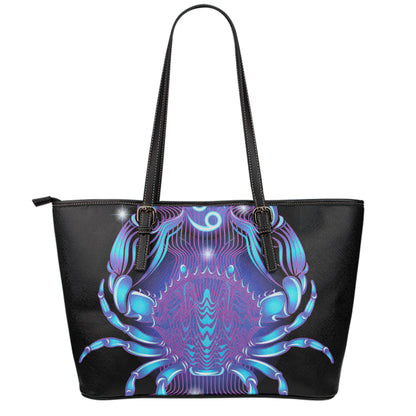 Dark Cancer Zodiac Sign Print Leather Tote Bag