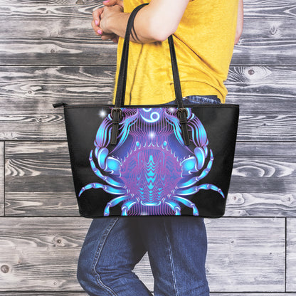Dark Cancer Zodiac Sign Print Leather Tote Bag