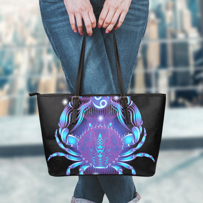 Dark Cancer Zodiac Sign Print Leather Tote Bag