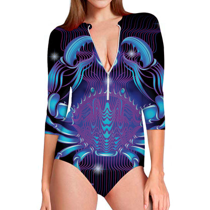Dark Cancer Zodiac Sign Print Long Sleeve Swimsuit