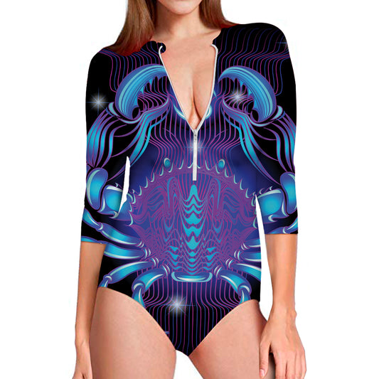 Dark Cancer Zodiac Sign Print Long Sleeve Swimsuit