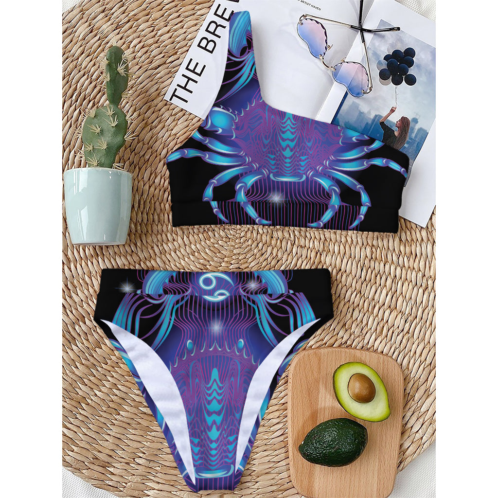 Dark Cancer Zodiac Sign Print One Shoulder Bikini Top