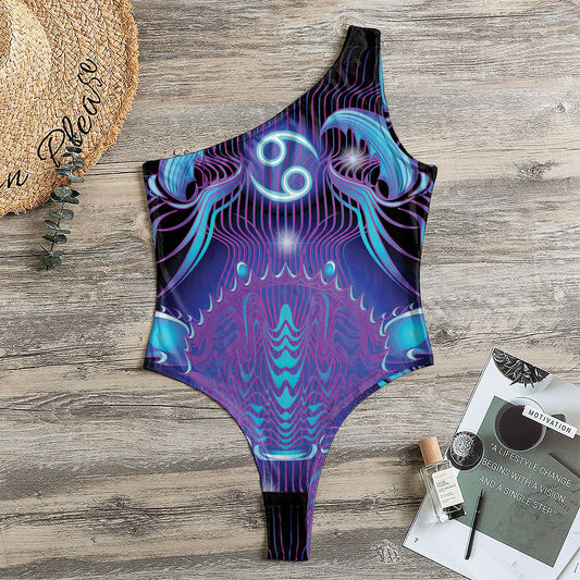 Dark Cancer Zodiac Sign Print One Shoulder Bodysuit