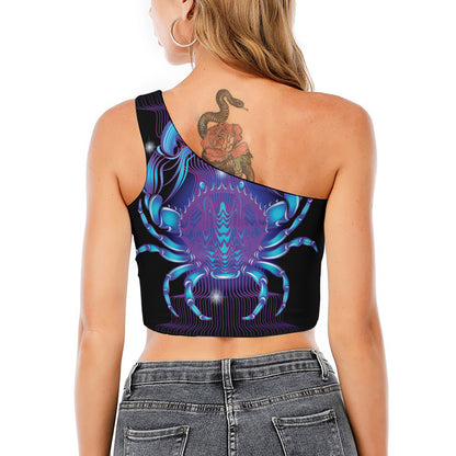 Dark Cancer Zodiac Sign Print One Shoulder Crop Top