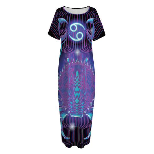 Dark Cancer Zodiac Sign Print Short Sleeve Long Nightdress
