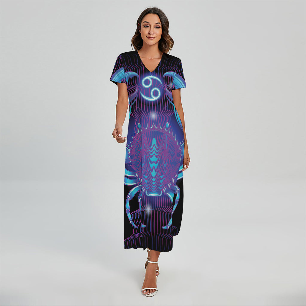 Dark Cancer Zodiac Sign Print Short Sleeve Maxi Dress