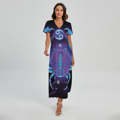 Dark Cancer Zodiac Sign Print Short Sleeve Maxi Dress