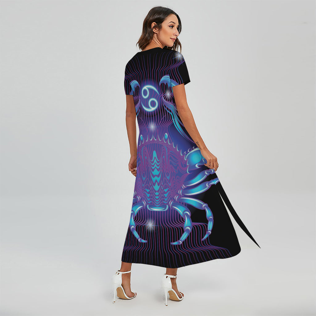 Dark Cancer Zodiac Sign Print Short Sleeve Maxi Dress