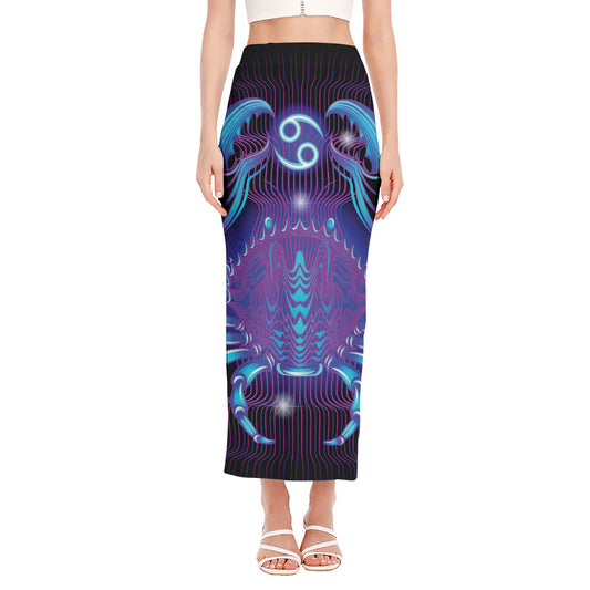 Dark Cancer Zodiac Sign Print Side Slit Maxi Skirt
