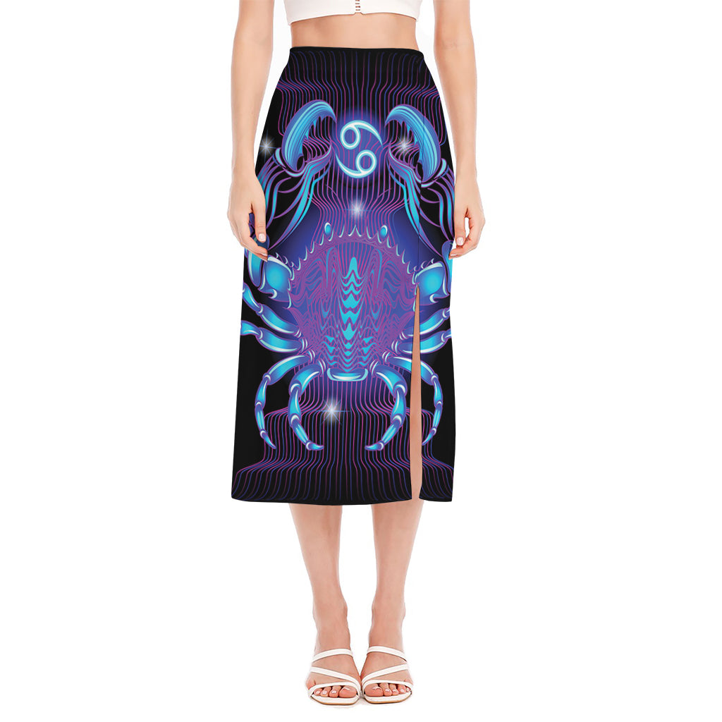 Dark Cancer Zodiac Sign Print Side Slit Midi Skirt