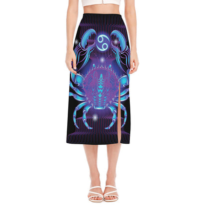 Dark Cancer Zodiac Sign Print Side Slit Midi Skirt