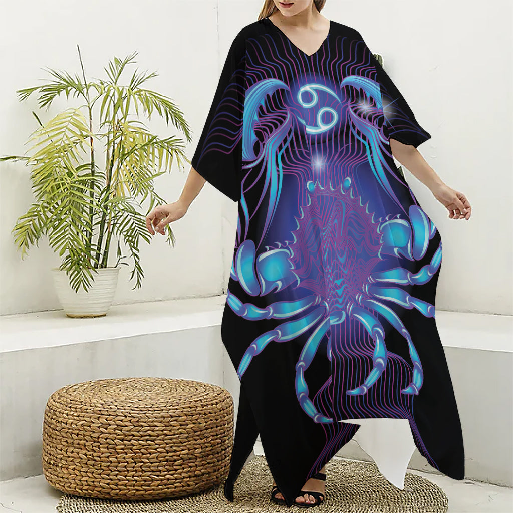 Dark Cancer Zodiac Sign Print Silk V-Neck Kaftan Dress